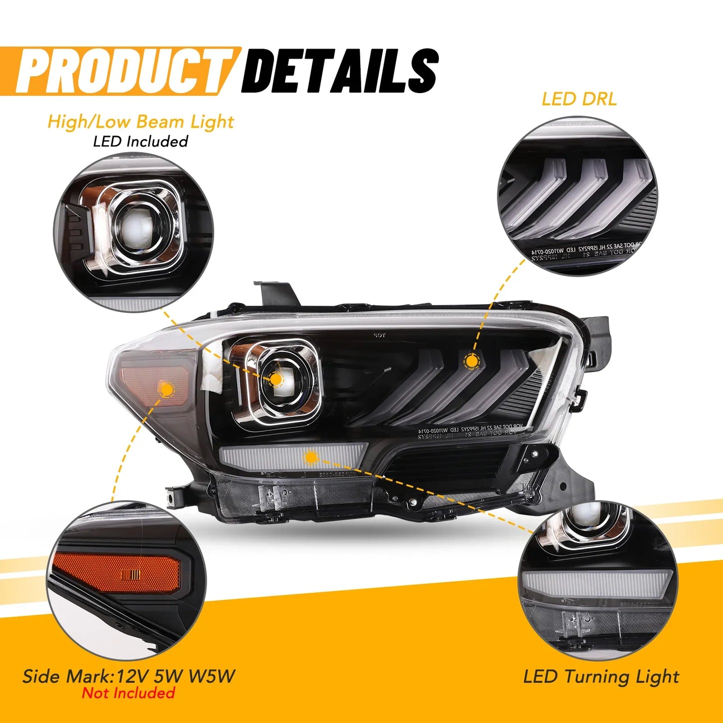 Winjet 2016-2023 Toyota Tacoma DRL Head Lights - Glossy Black/Clear