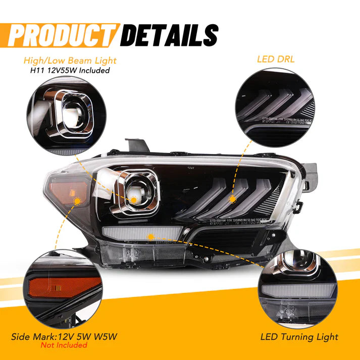 Winjet 2016-2019 Toyota Tacoma/2020-2023 Tacoma SR SR5 TRD Sport DRL Head Lights - Glossy Black/ Clear