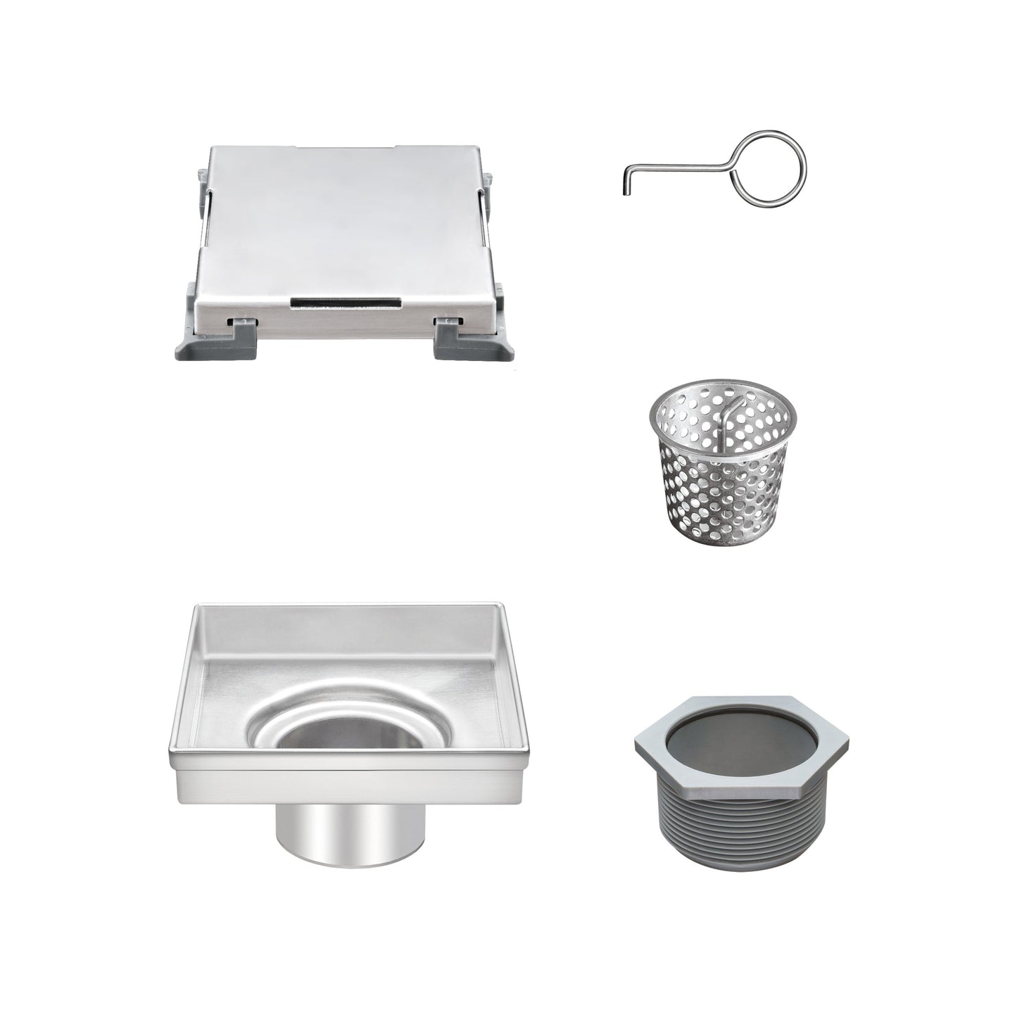 6" Square Shower Drain with Flat Cover, Stainless Steel Shower Floor Drain with 2 in 1 Flat & Tile Insert Cover, Floor Shower Drain with Hair Strainer