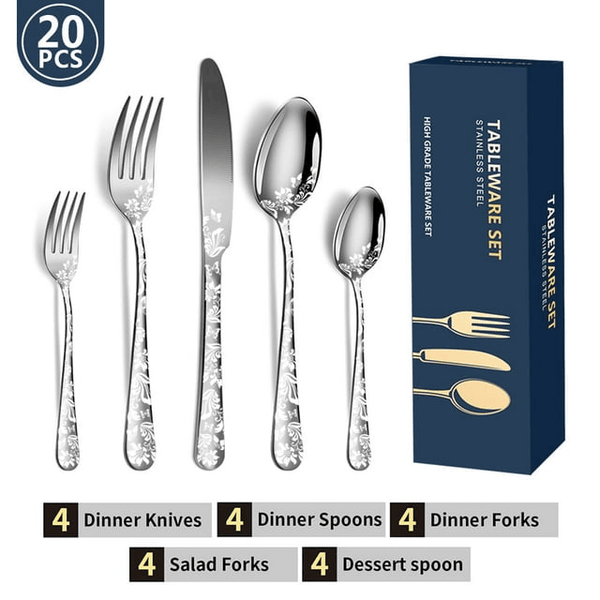 20PCS Silverware Set, Stainless Steel Flatware Set 4 Knives 4 Forks 4 Spoons 4 Tea Forks 4 Teaspoons with Beautiful Flower Pattern for Kitchen Restaurant Party Sliver EasyOptionXY LLC