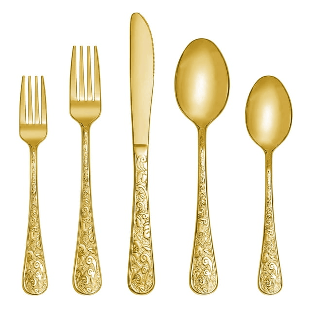 Runfly Vintage Carved Gold Stainless Steel 20 Pieces Flatware Golden Silverware Set,Modern Embossed Cutlery Set Utensils EasyOptionXY LLC