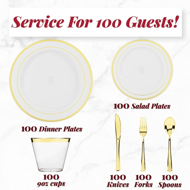 Prestee 600 Piece Gold Dinnerware Party Set (100 Guest), 100 Salad Gold Plates, 100 Gold Plastic Silverware Set, 100 Gold Cups Disposable Party Pack Wedding Birthday Parties EasyOptionXY LLC