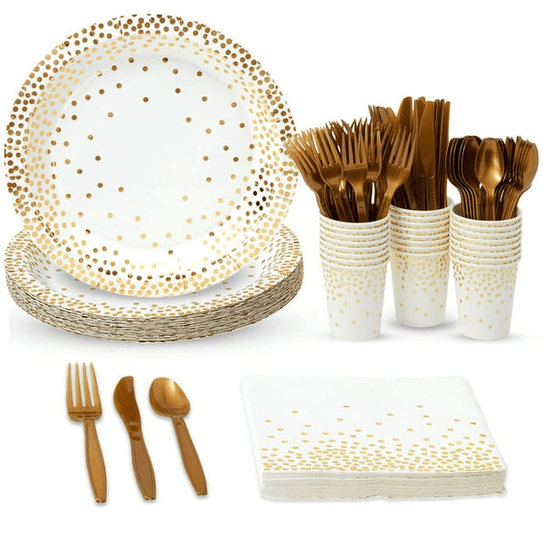 144 Piece White and Gold Party Supplies for Wedding, Birthday - Gold Table Decorations with Plates, Napkins, Cups, and Cutlery (Serves 24) EasyOptionXY LLC
