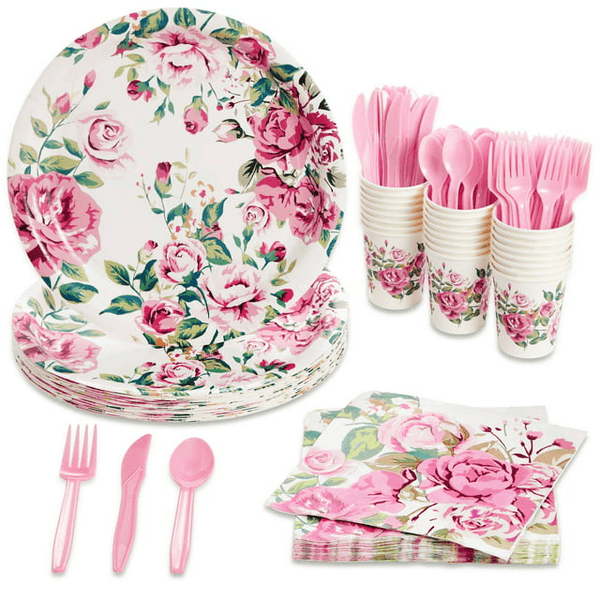 144 Piece Vintage Style Tea Party Supplies with Pink Floral Paper Plates, Napkins, Cups, and Cutlery, Disposable Tableware Set for Girls Baby Shower, Wedding, Serves 24 EasyOptionXY LLC