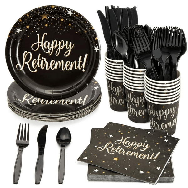 144-Piece Happy Retirement Decorations and Party Supplies with Paper Plates, Napkins, Cups, and Cutlery, Disposable Dinnerware Set for Farewell Celebration, for Men and Women (Serves 24 Guests) EasyOptionXY LLC