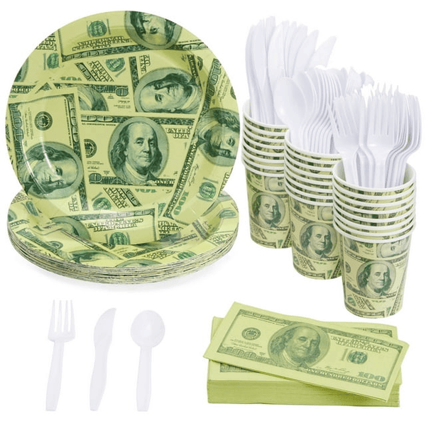 144 Piece Money Birthday Party Decorations for Party Supplies, Paper Plates, Napkins, Cups, & Cutlery Tableware Set, Hundred Dollar Bill Novelty (24 Guests) EasyOptionXY LLC