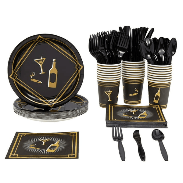 144 Piece 1920s Party Decorations - Murder Mystery Party Theme Paper Plates, Cups, Napkins and Cutlery (Serves 24) EasyOptionXY LLC