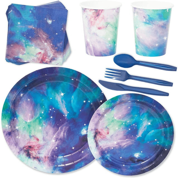 168 Pieces Galaxy Party Supplies with Paper Plates, Napkins, Cups, and Cutlery for Outer Space Birthday Party Decorations (Serves 24) EasyOptionXY LLC