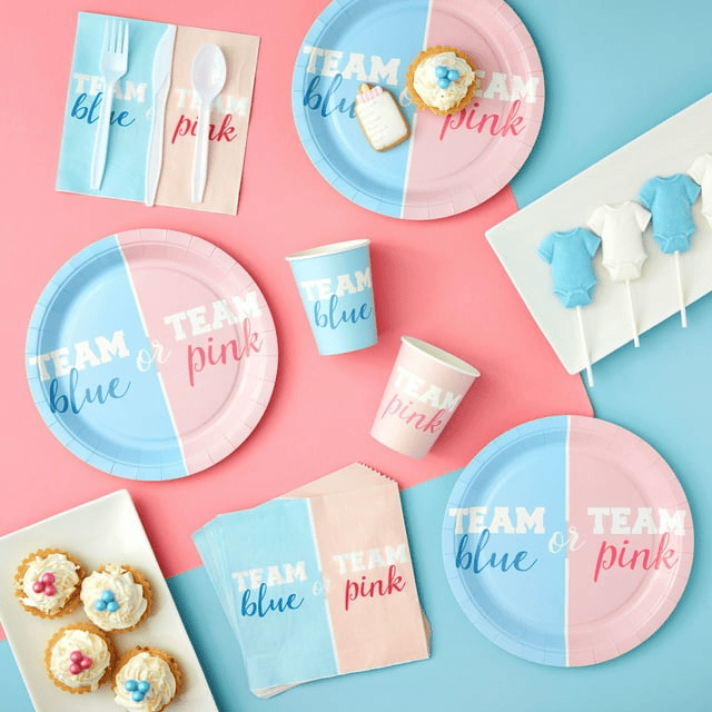 144 Piece Gender Reveal Plates, Napkins, Cups, Cutlery, Team Boy and Team Girl Party Supplies, Decorations (Serves 24) EasyOptionXY LLC