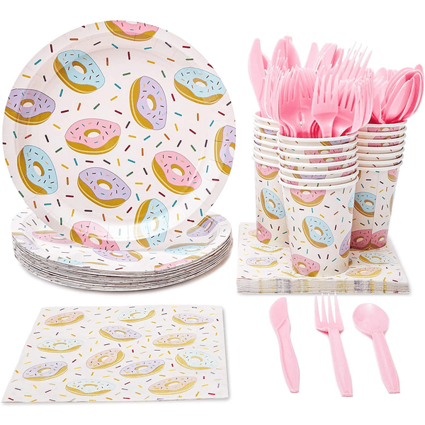 144 Piece Donut Grow Up Party Supplies - Serves 24 Sprinkle Paper Plates, Napkins, Cups and Cutlery for Two Sweet Birthday Decorations EasyOptionXY LLC