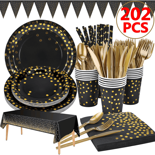 202pcs Eco-Friendly Disposable Black and Gold Paper Plates Cutlery Napkins Cups Tablecloth Banner Supplies Bulk, Non-Plastic Dinnerware Decorations for Party Wedding Birthday Dinner Dessert (25 Guest) EasyOptionXY LLC