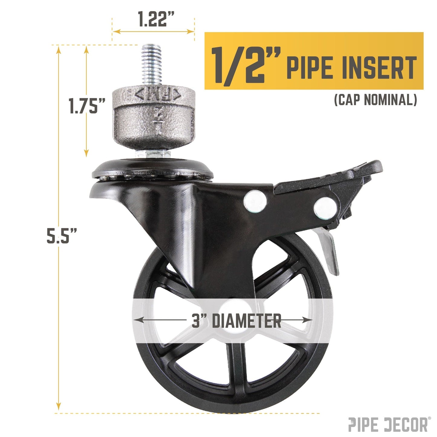 Swivel Caster Wheels for ½” Pipe with Locking Mechanism (4-Pack)