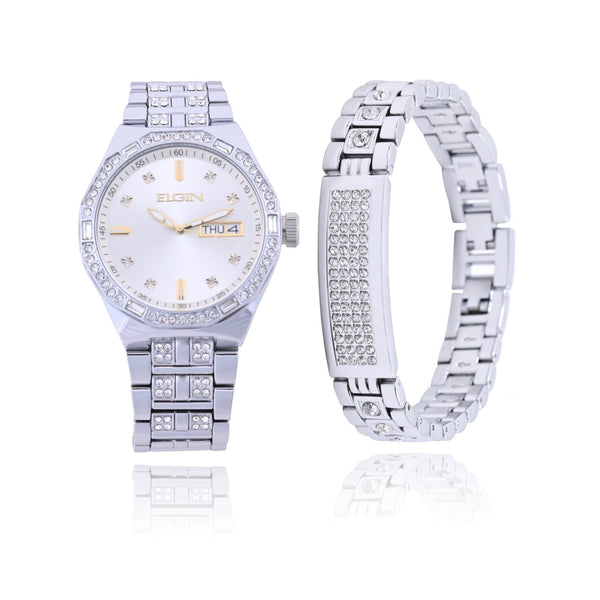 Elgin Adult Male Watch with Matching Bracelet Set in Silver with Gold Markers (FG180016SST) EasyOptionXY LLC
