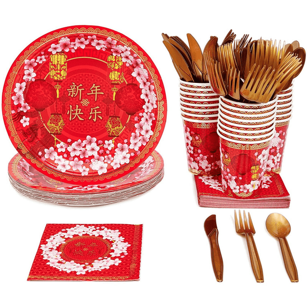 144 Pieces Chinese New Year Party Supplies - Serves 24 Paper Plates, Napkins, Cups, and Cutlery for 2024 Lunar New Year Decorations EasyOptionXY LLC
