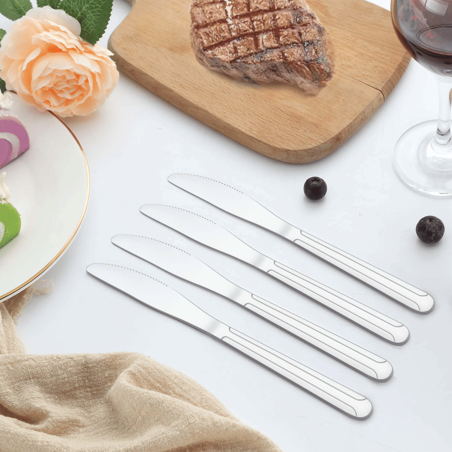 Bestdin Dinner Knife Set, 24 Pieces 8-inch Kitchen Knives, Pattern Design Stainless Steel Cutlery Knife, Table Knives for Home, Hotel and Restaurant, Mirror Polished, Dishwasher Safe EasyOptionXY LLC