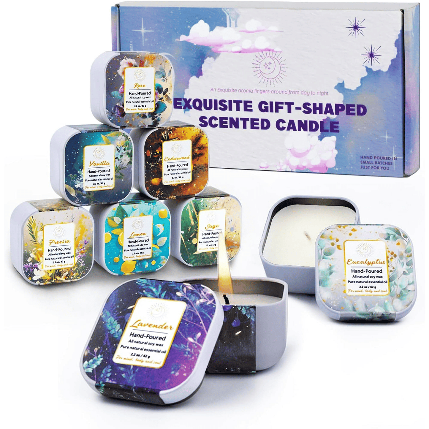 HiHas 8PCS Square-Shaped Scented Candle Gift Set, Soy Wax Jar Candles for Housewarming Gift, Unique Bulk Candles for Home Scented EasyOptionXY LLC