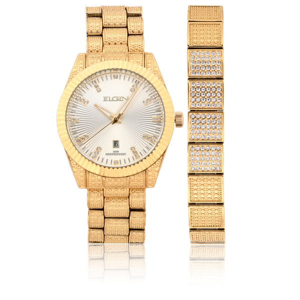 Elgin Adult Male Wristwatch and Matching Bracelet Set in Gold with Textured Dial (FG180017ST) EasyOptionXY LLC