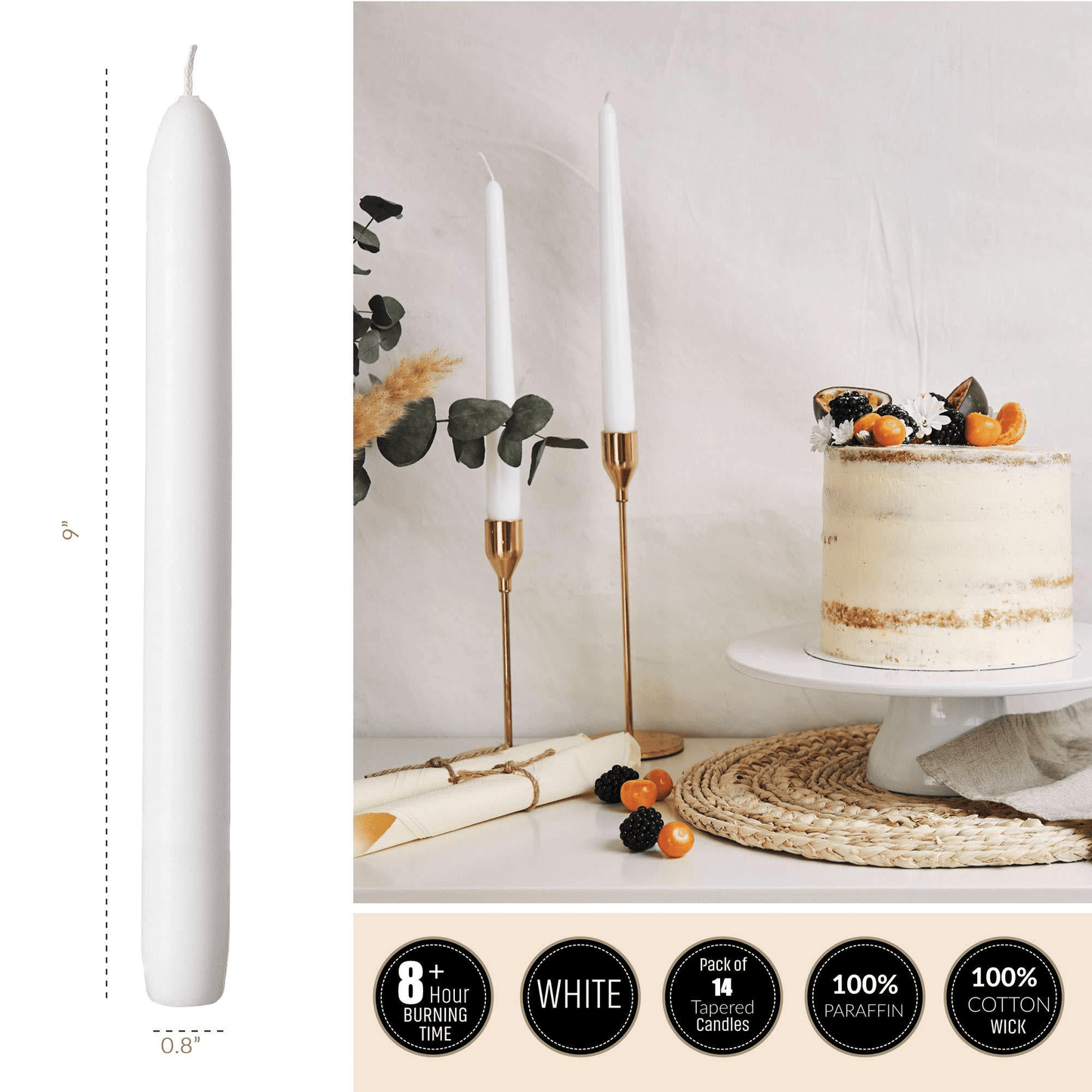 Tribello White Taper Candles, 14 Pack, 9" Unscented White Candlesticks for Home Decoration, Wedding, Holiday and Parties EasyOptionXY LLC