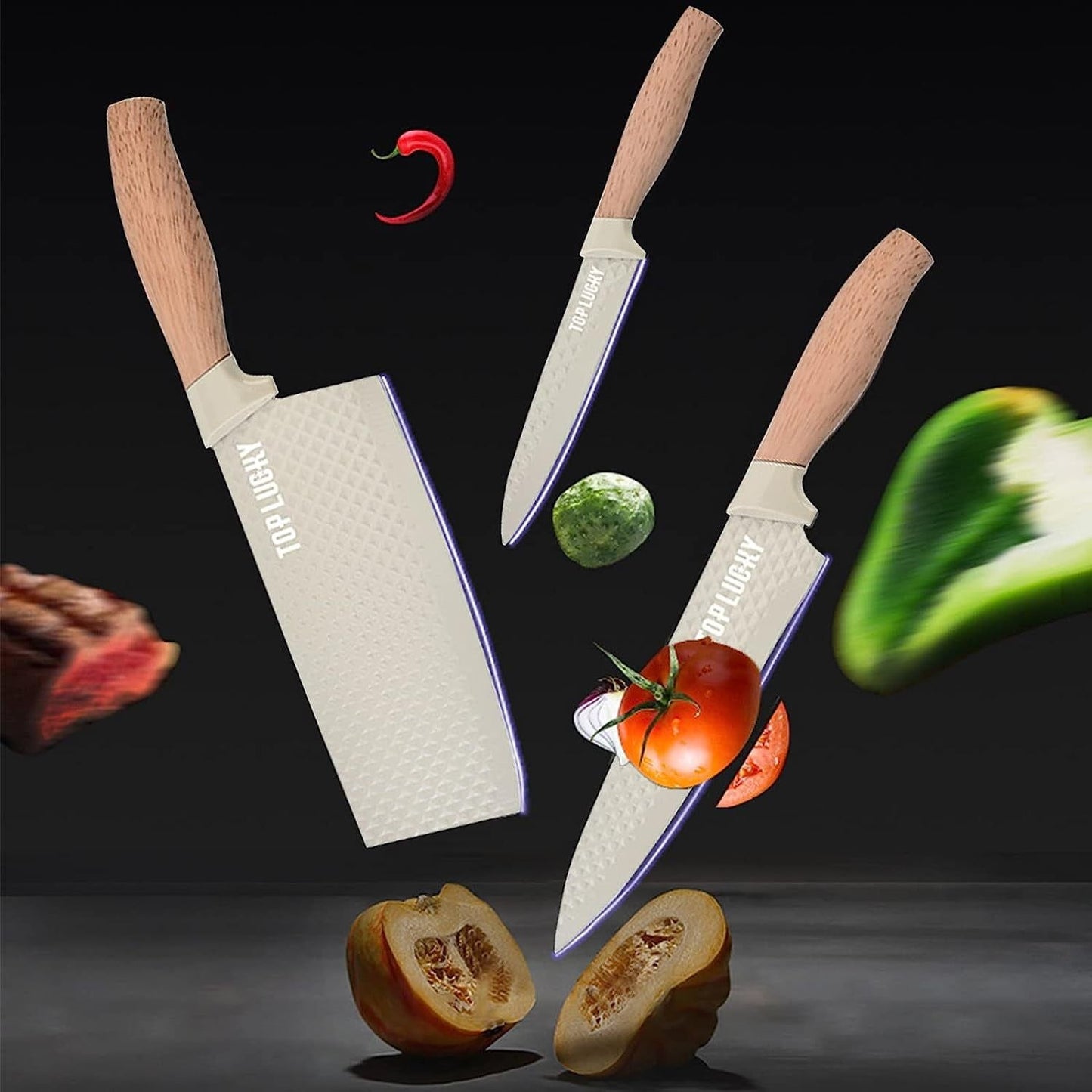 Kitchen Knife Set, 8-Pieces Khaki Sharp Chef Knife Set with Block, Knife Block Set with Diamond Grain Non-stick Knife Blade, Stainless Steel Cooking Knives Suitable for Home Restaurant Apartment EasyOptionXY LLC