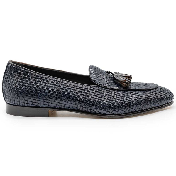 15-216-NVY TINO Calfskin Woven Tassel Loafer, Navy Zelli Italia