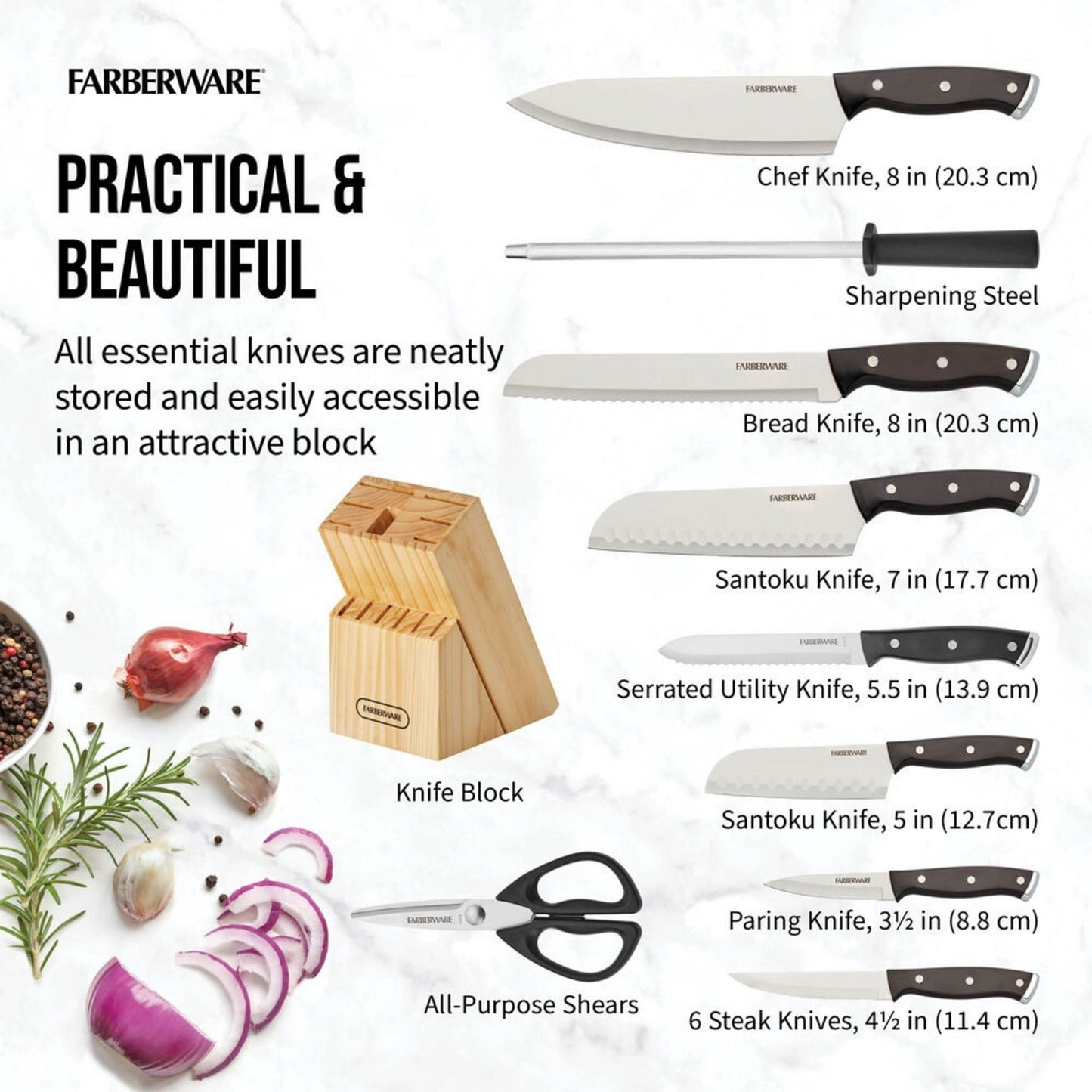 Farberware 15-Piece Triple Rivet Kitchen Knife Block Set with Natural Wood Block and Black Handles EasyOptionXY LLC