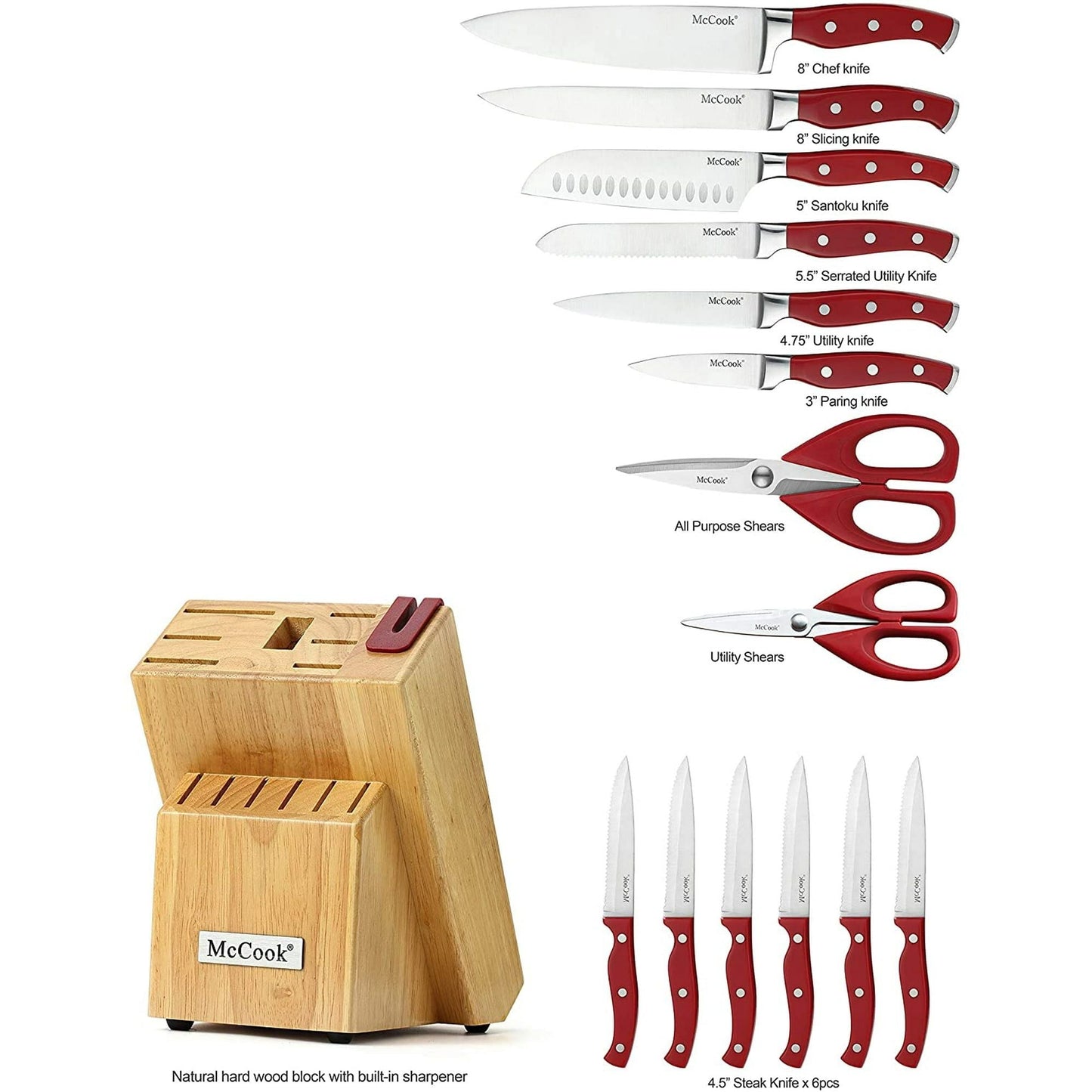McCook MC24 15 Pieces Kitchen Knife Set with Block Knife Cutlery Set Built-in Sharpener EasyOptionXY LLC