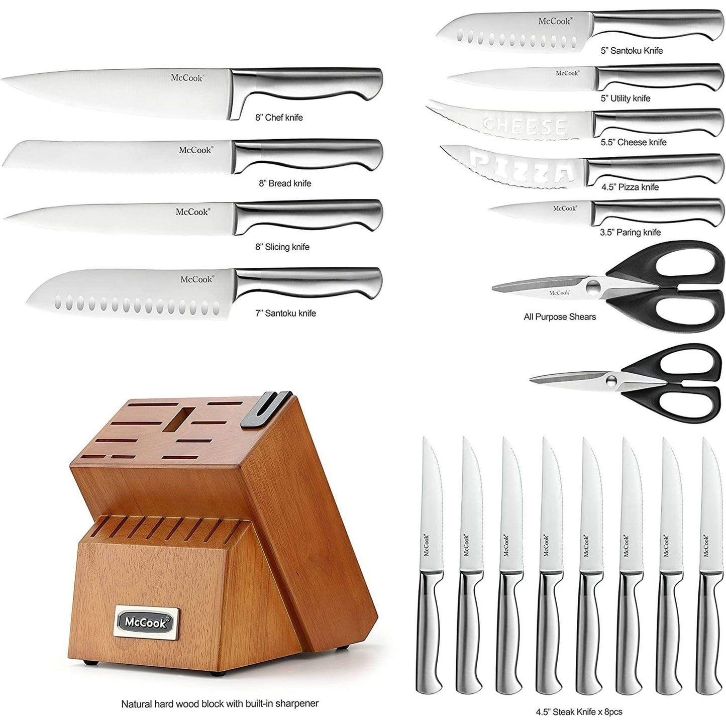McCook Knife Sets, German Stainless Steel Kitchen Knife Block Sets with Built-in Sharpener EasyOptionXY LLC