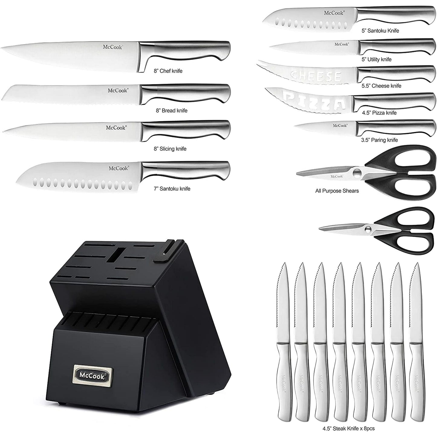 McCook MC69B Knife Sets,20 Pieces German Stainless Kitchen Knife Set with Built-in Sharpener,One Piece Design Knife Set with Block, Black EasyOptionXY LLC