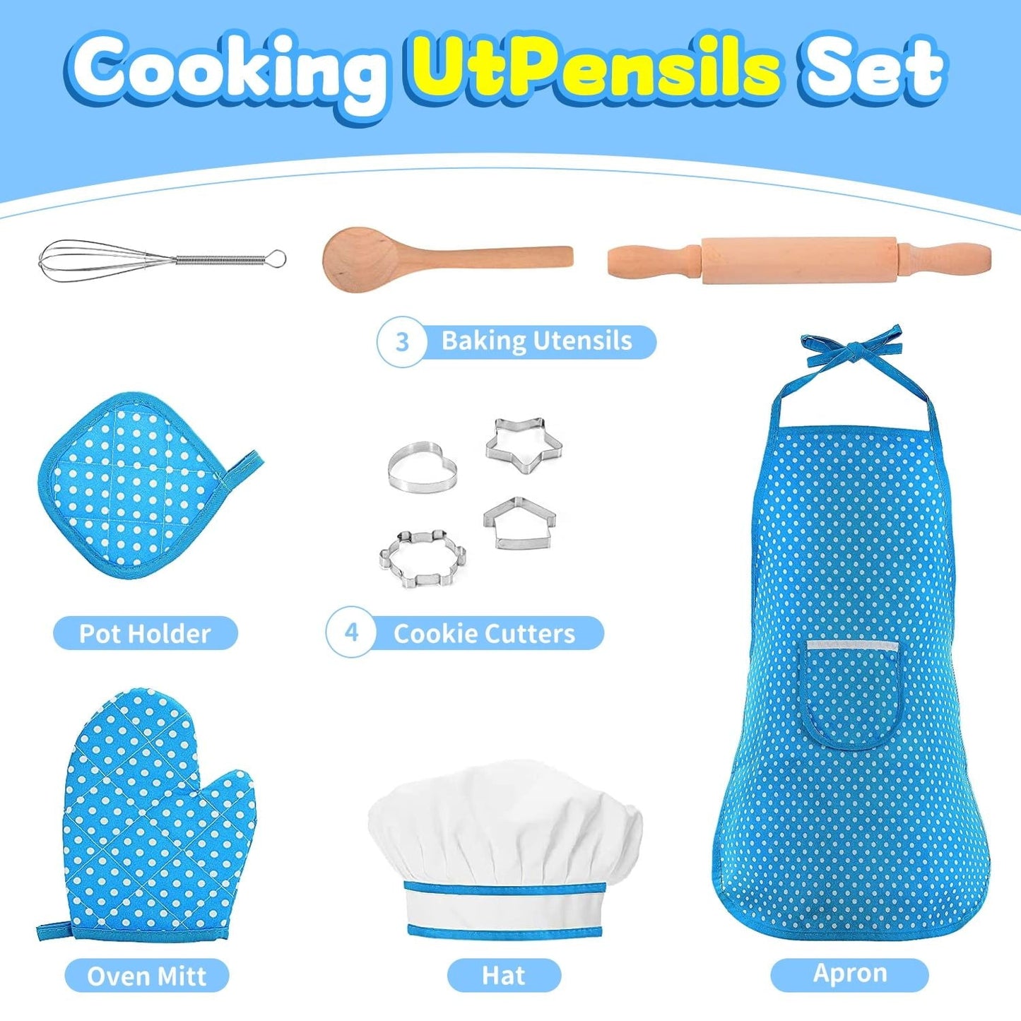11 Pcs Kids Aprons for Girls Boys, Kids Cooking and Baking Sets, Chef Hat Apron Pretend Play Costume Set for Toddlers Age 3-8, Blue 18548 EasyOptionXY LLC
