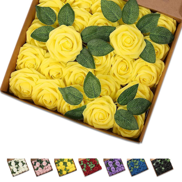 25 Pcs Artificial Rose Flowers, Foam Fake Flowers DIY Bouquets with Leaves and Stems for Wedding Party DIY Bouquets, Baby Shower, Home Decoration (Yellow) EasyOptionXY LLC