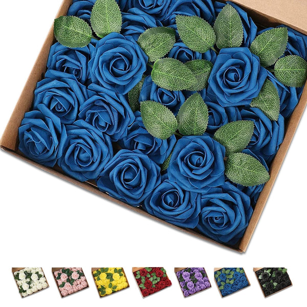 25 Pcs Artificial Rose Flowers, Foam Fake Flowers DIY Bouquets with Leaves and Stems for Wedding Party DIY Bouquets, Baby Shower, Home Decoration (Navy Blue) EasyOptionXY LLC