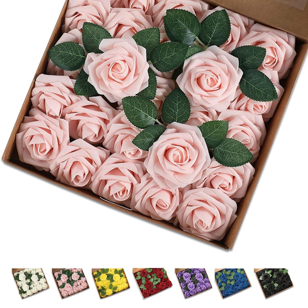 25 Pcs Artificial Rose Flowers, Foam Fake Flowers DIY Bouquets with Leaves and Stems for Wedding Party DIY Bouquets, Baby Shower, Home Decoration (Pink Champagne) EasyOptionXY LLC