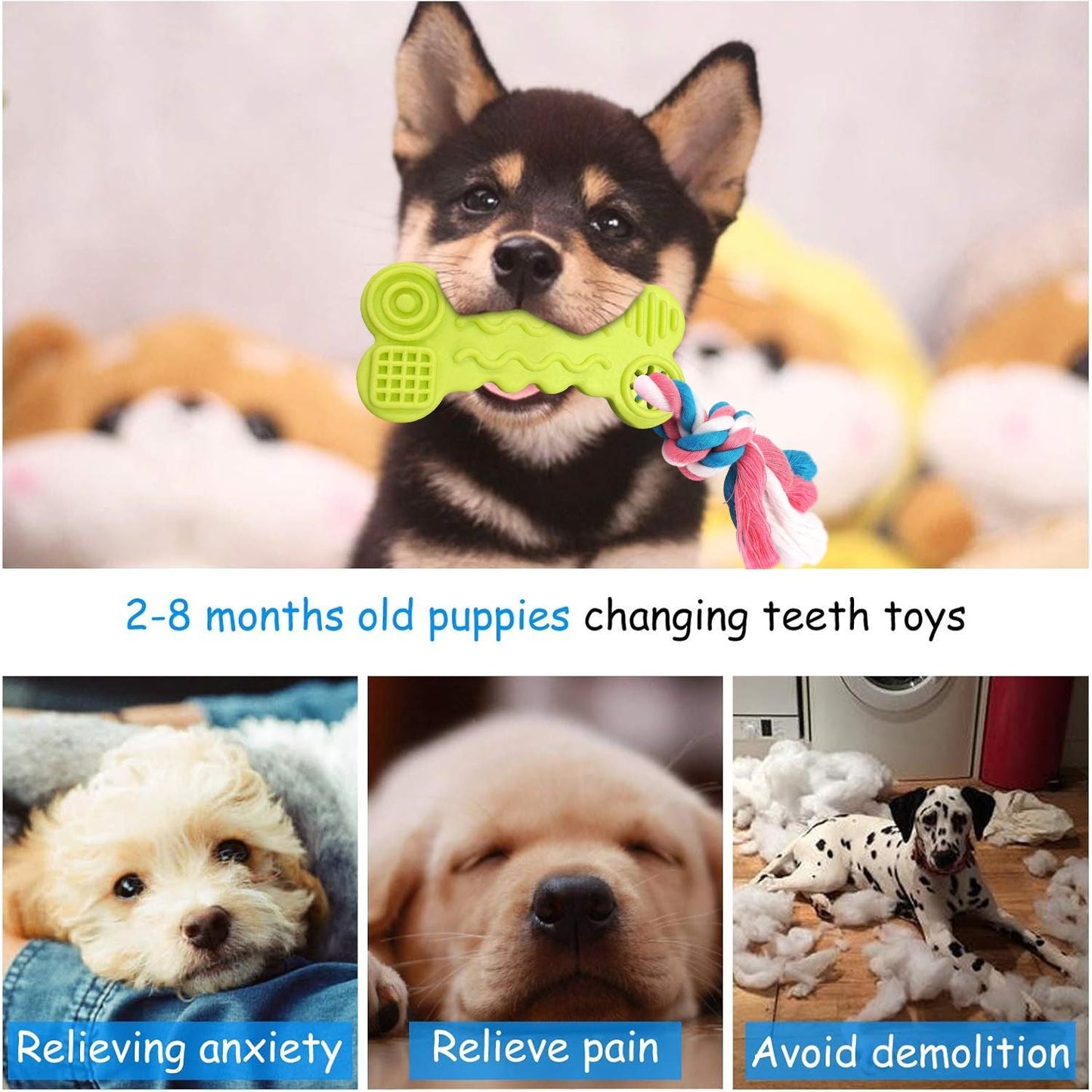 2 Pack Dog Chew Toys, Rubber Puppy Teething Toys with Rope, Interactive Treat Toys for Small Dogs Pets, Pink+Green EasyOptionXY LLC