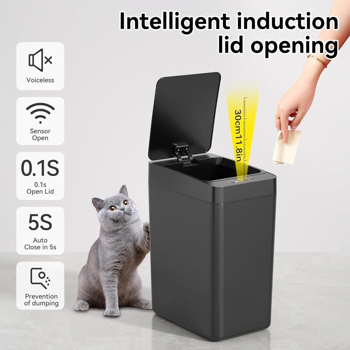 VQJTCVLY Bathroom Small Trash Can with Lid, 2.2 Gallon Touchless Automatic Garbage Can Slim Waterproof Motion Sensor Smart Trash Bin for Bedroom, Office, Kitchen, Living Room (Black) EasyOptionXY LLC