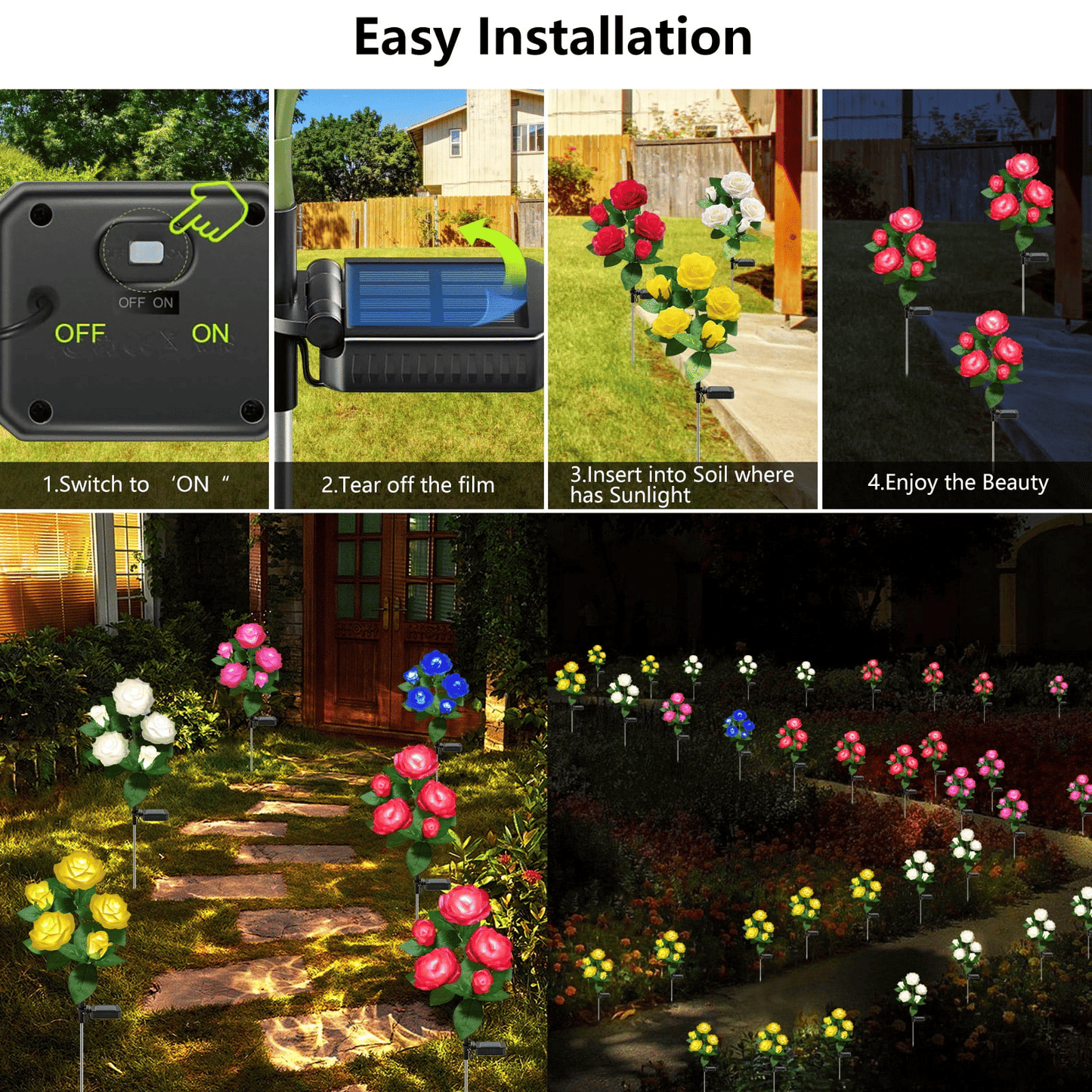 4 Pack Solar Solar Rose Flower Lights, Outdoor Solar Garden Stake Lights, Waterproof LED Solar Landscape Lights with 5 Rose Flowers for Pathway Patio Yard Decorations, Blue EasyOptionXY LLC