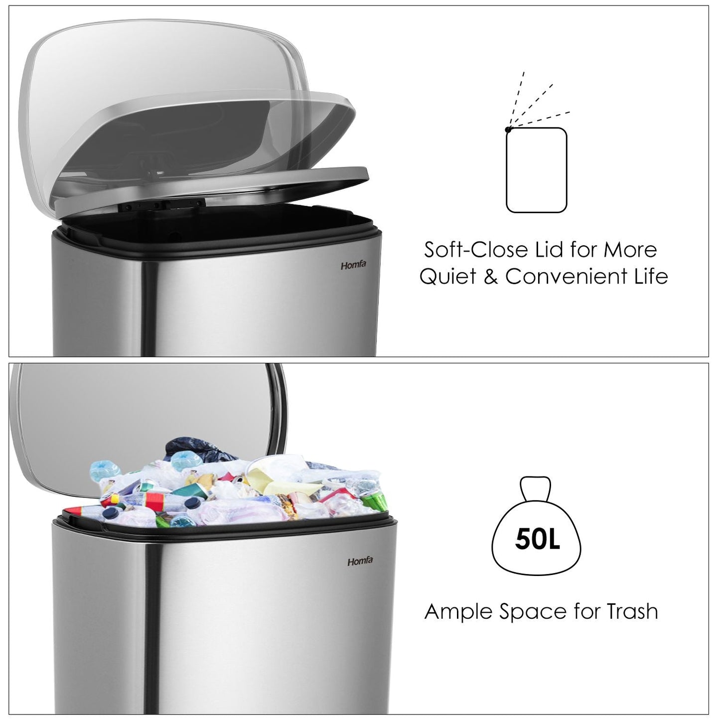 Homfa Kitchen Trash Can, 13 Gallon (50L) Garbage Can Fingerprint Proof with Removable Inner Bucket And Hinged Lids, Pedal Soft Close Removablet, Sliver Finish