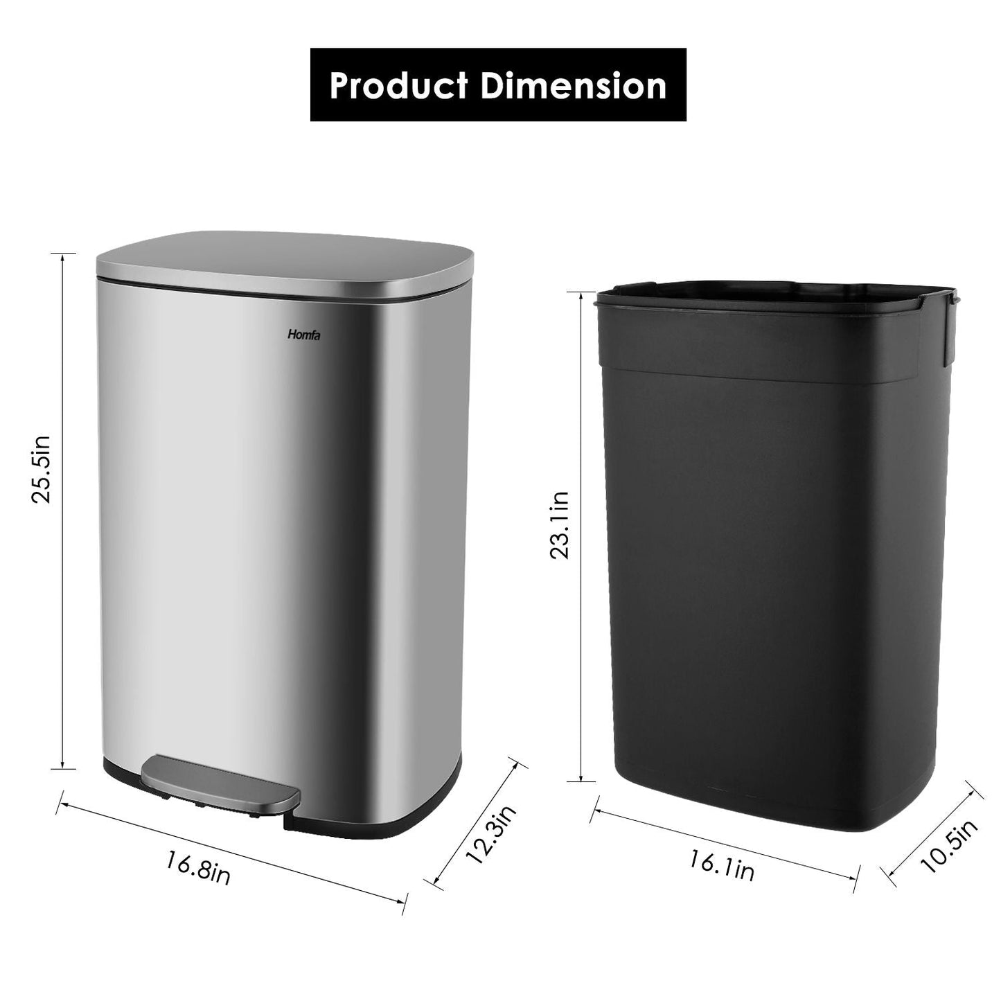Homfa Kitchen Trash Can, 13 Gallon (50L) Garbage Can Fingerprint Proof with Removable Inner Bucket And Hinged Lids, Pedal Soft Close Removablet, Sliver Finish