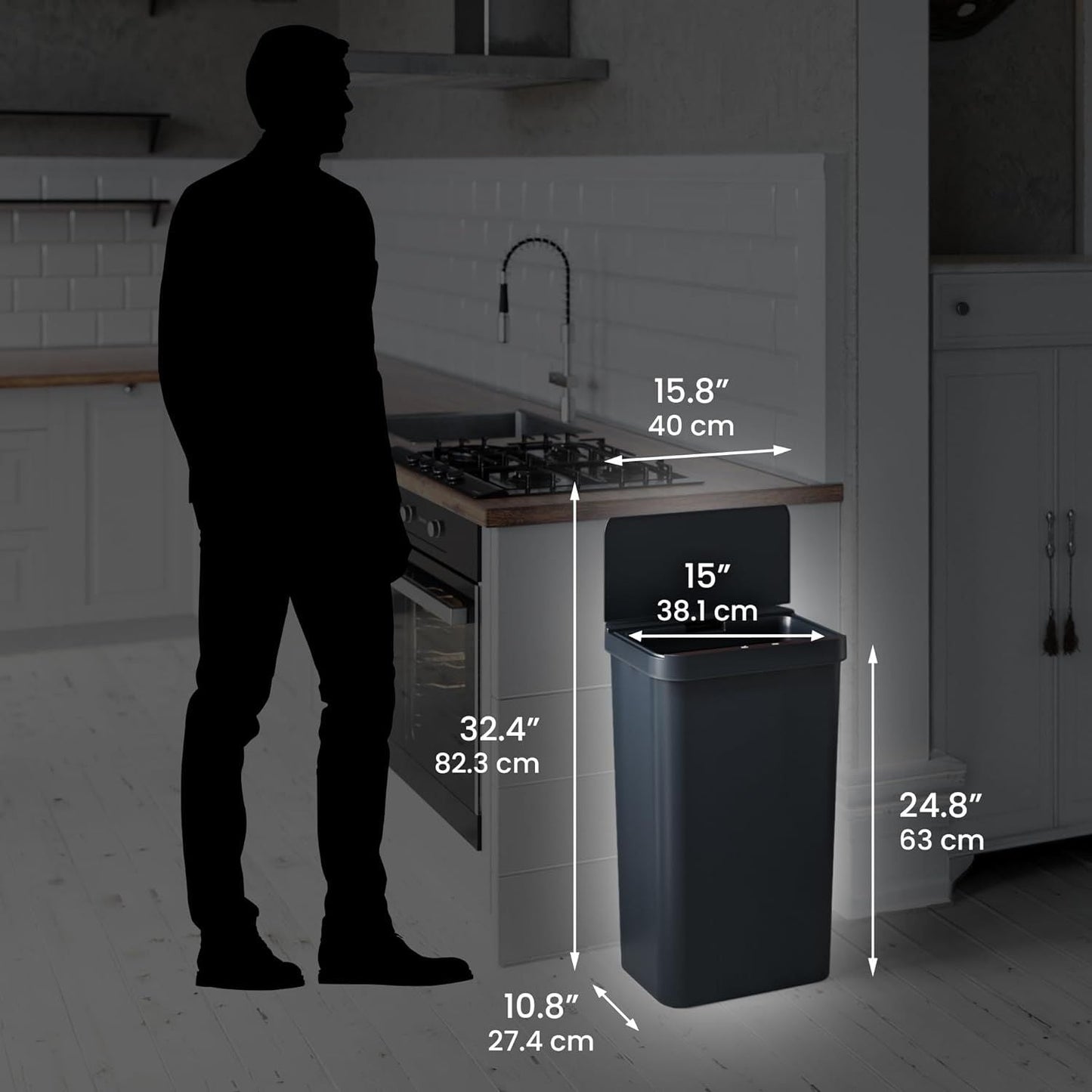 13.2 Gallon Black Plastic Sensor Trash Can Durable Dent-Proof 50 L Rectangular Slim Bin EasyOptionXY LLC