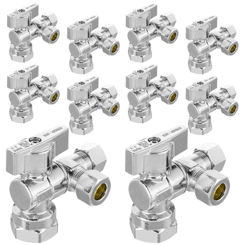 10 Pcs 1/2" FIP x 3/8" OD Compr. x 3/8" OD Compr. Split Angle Stop Valve, 1/4 Turn (Lead Free) Plumbingsell
