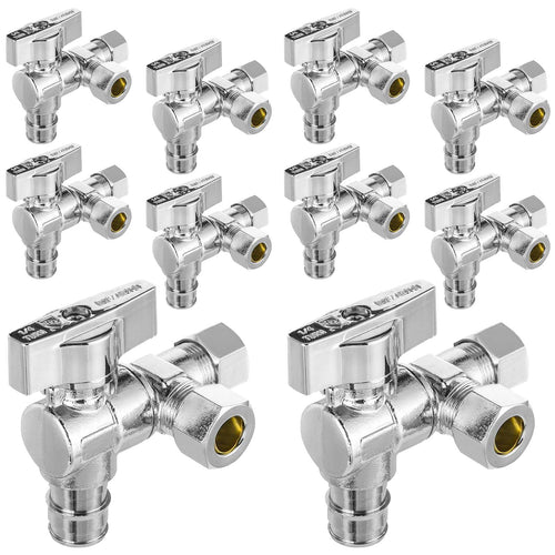 10 Pcs 1/2" Pex-a Expansion (F1960) Inlet x 3/8" OD Compr. x 3/8" OD Compr. Split, Angle Stop Valve, Quarter Turn (Lead Free) Plumbingsell
