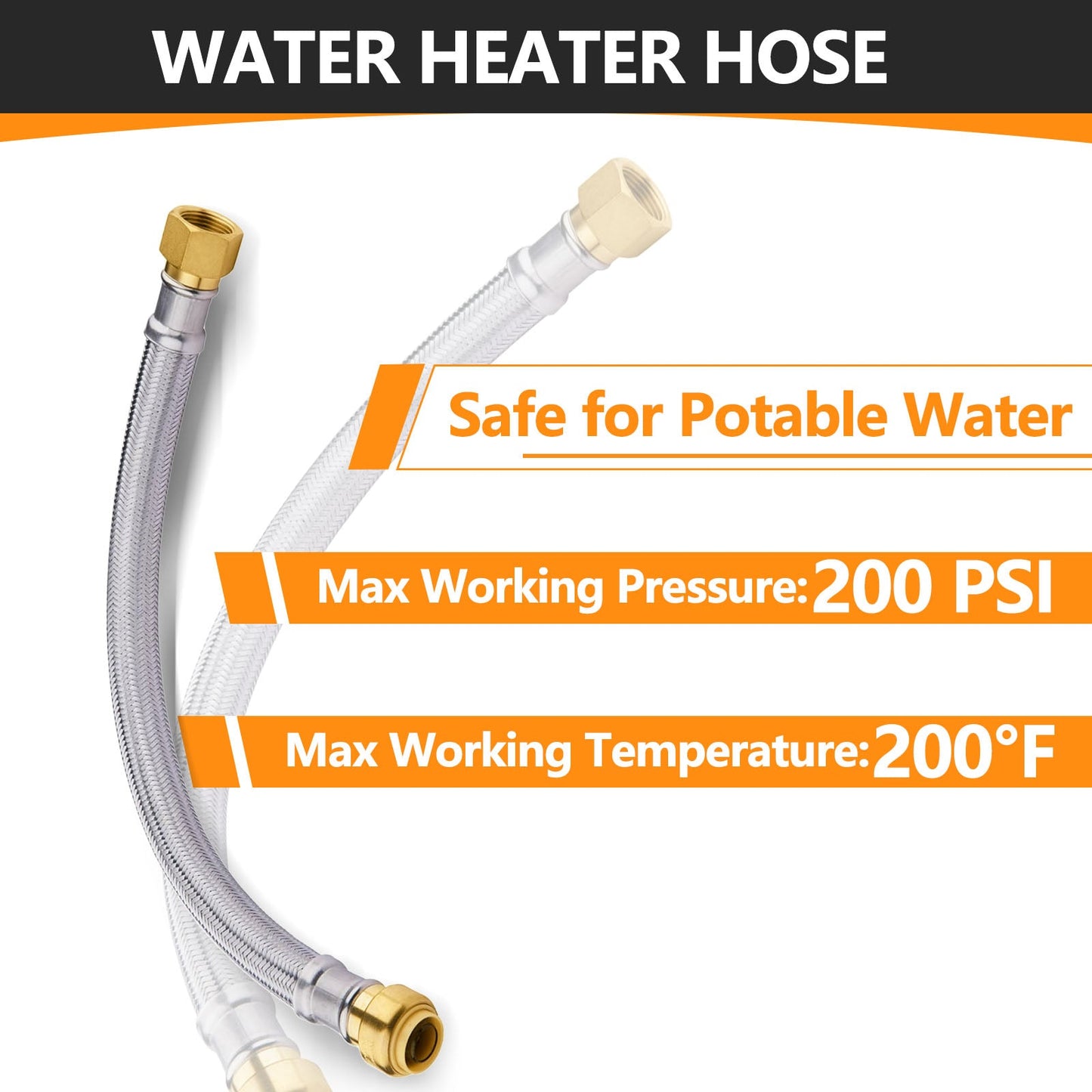 1/2" Push fit x 3/4" FIP, 24" Flexible Water Heater Connector Hose