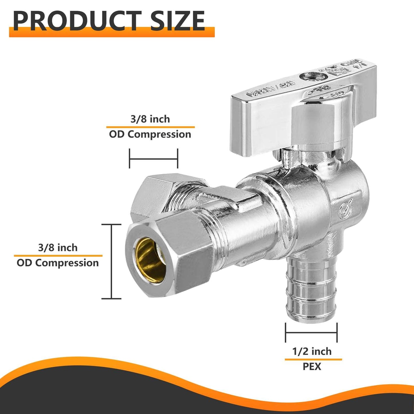10 Pcs 1/2" PEX Crimp x 3/8" ODx 3/8" OD Compr. Split Angle Stop Valve, Quarter Turn (Lead Free)
