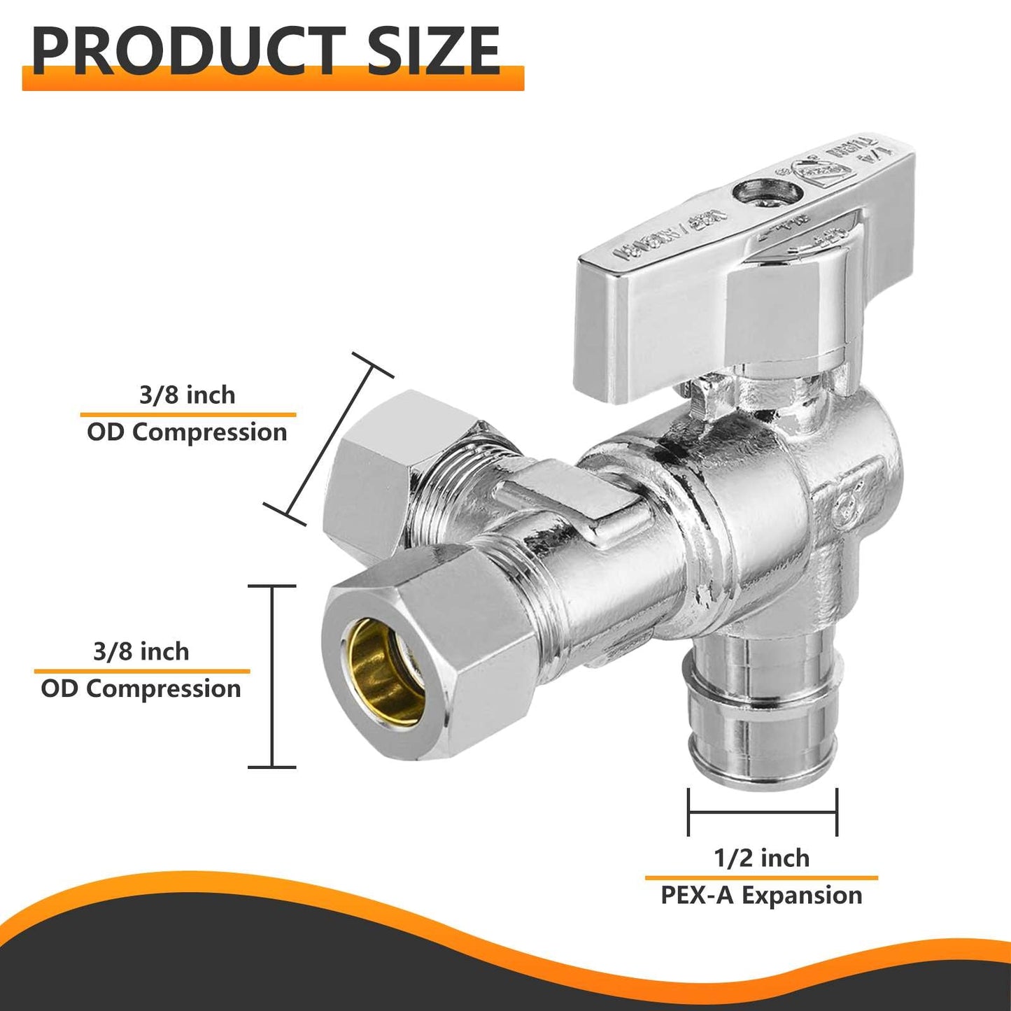 10 Pcs 1/2" Pex-a Expansion (F1960) Inlet x 3/8" OD Compr. x 3/8" OD Compr. Split, Angle Stop Valve, Quarter Turn (Lead Free)