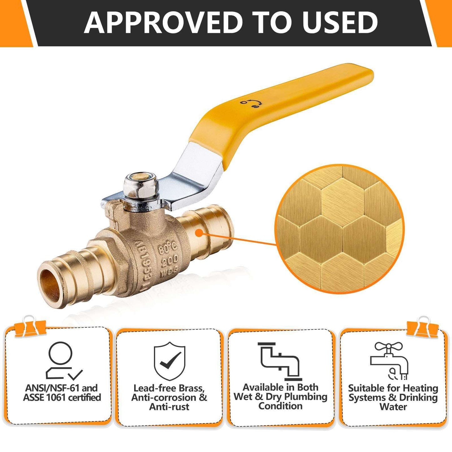 10 Pcs 1/2" PEX Expansion Ball Valve, Yellow (Lead Free)