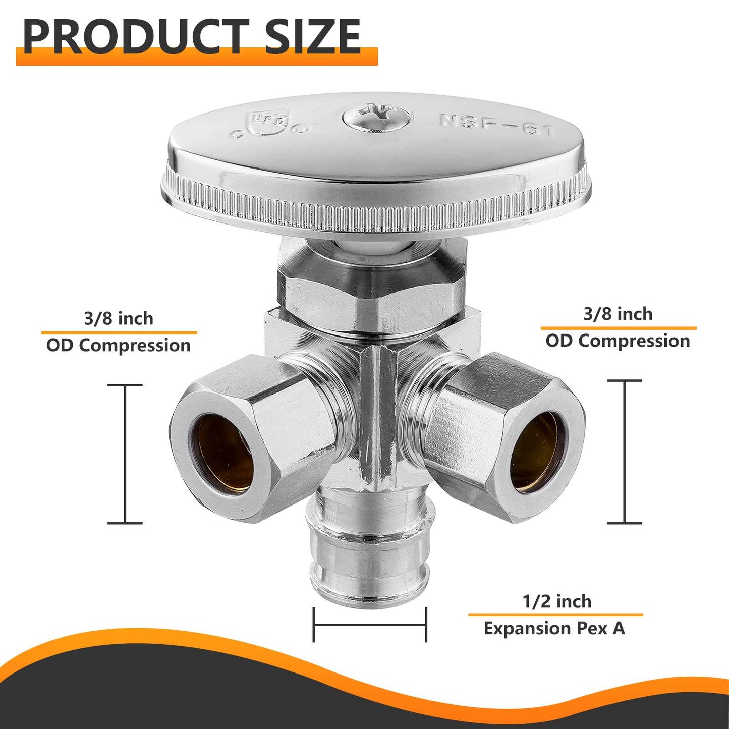 1/2" Pex-a Expansion (F1960) Inlet x 3/8" ODx 3/8" OD Compr. Dual Angle Stop Valve, Multi Turn (Lead Free)