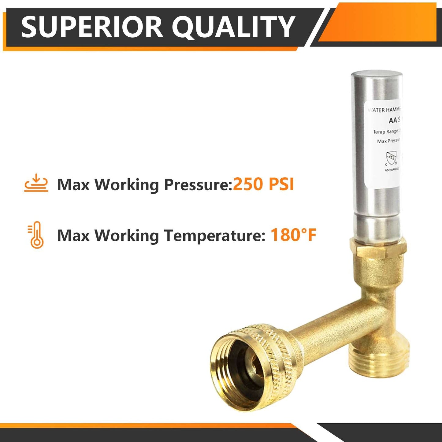 3/4" Swivel FHT x 3/4" MHT, Stainless Steel Tee Water Hammer Arrestors
