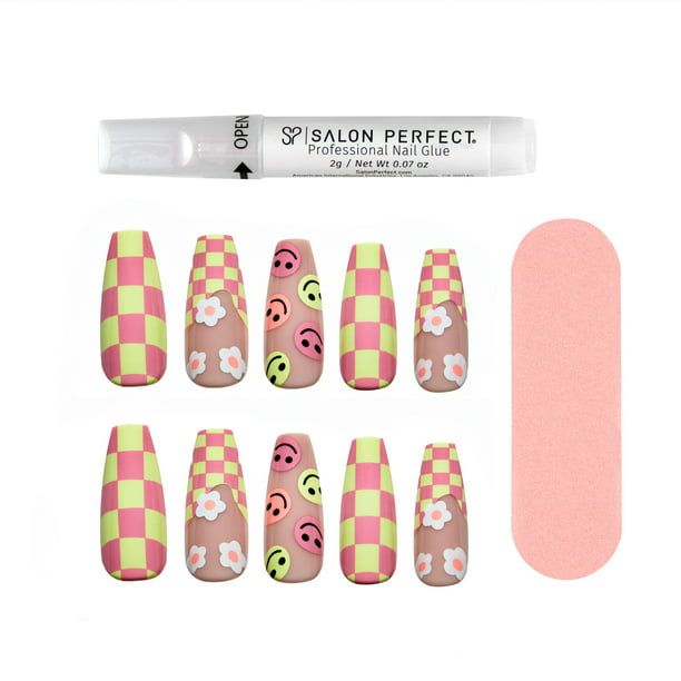 Salon Perfect Artificial Nails, 115 Modern Nostalgia Pink Checkers, File & Glue Included, 30 Nails EasyOptionXY LLC