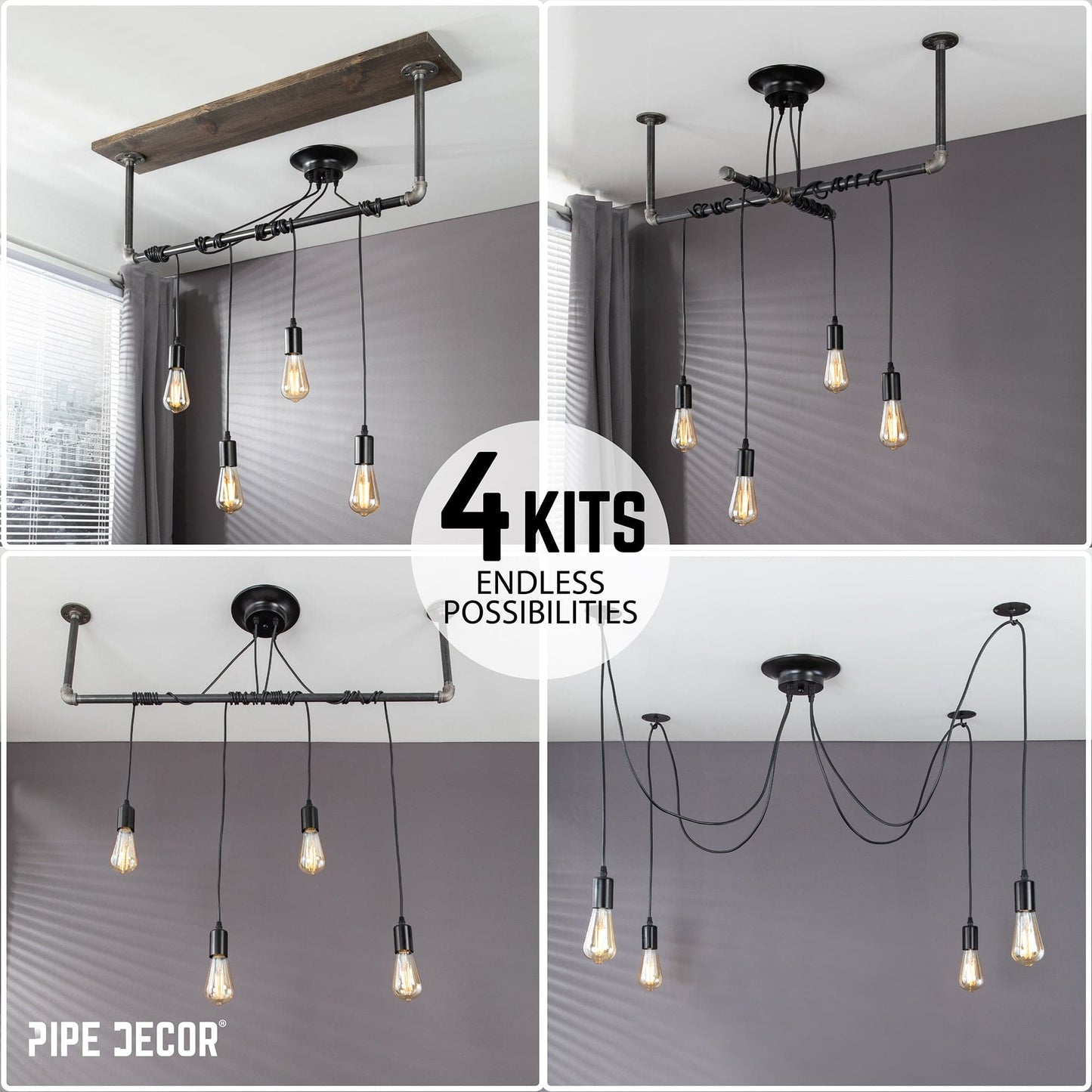 Black Spider Pendant Light Kit with Wood and Pipe Bar Hanging Accessory and 4 Adjustable Arms