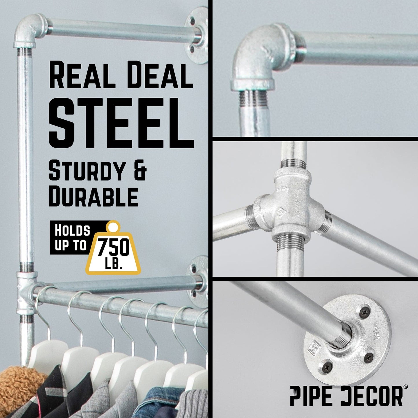 115 in. Galvanized Wall Mounted Clothing Rack, Triple