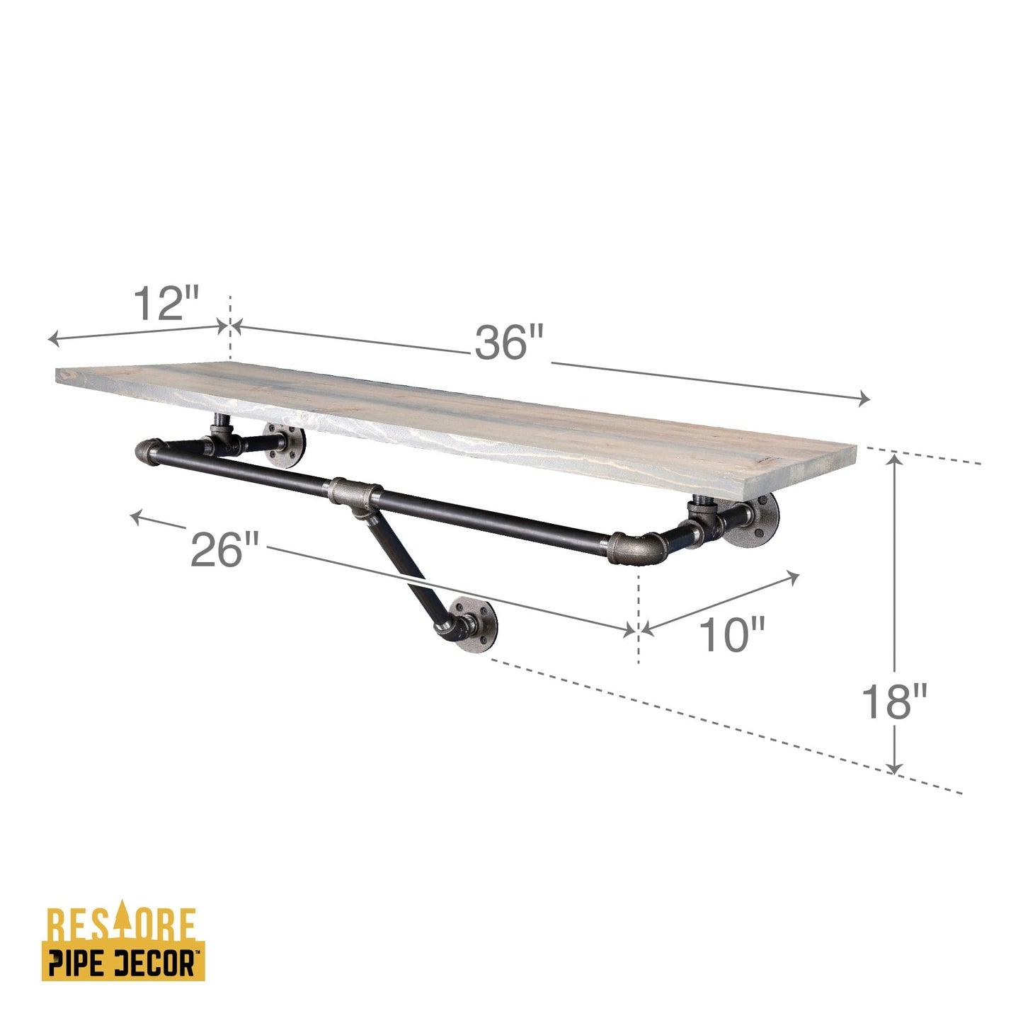 36 in. Wall Mounted Clothing Rack with Wood Shelf, Riverstone Grey